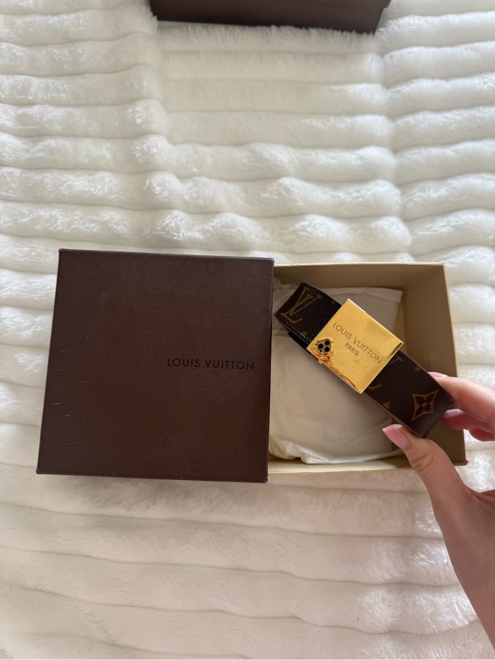 AUTHENTIC Louis Vuitton Brown Monogram Belt with Gold Buckle
